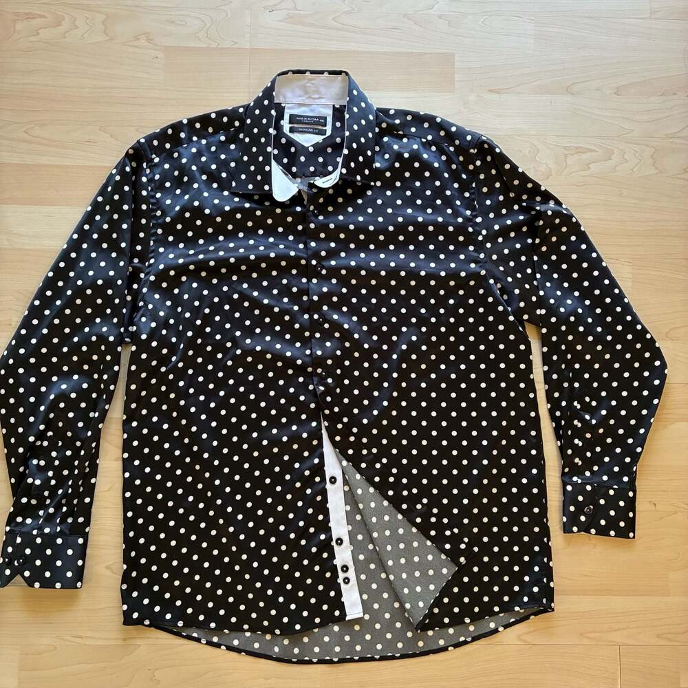 Makrom London Men's Regular black white Polka Dot Long Sleeve Button Down Shirt